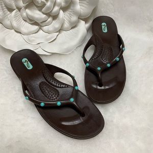 Okabee Beach Sandal Slides Flip-flops with Turquoise Studs size Large
